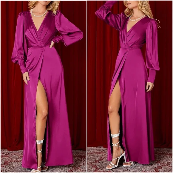 Luxe Satin Split Thigh Party Wedding Formal Maxi Dress - Picture 7 of 8